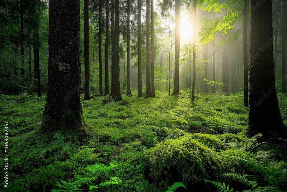 Poster sunlight filters through towering trees in a vivid forest, highlighting vibrant green foliage and cr