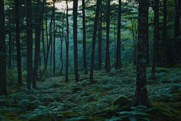 Fototapeta premium A serene forest scene with tall trees and dense ground cover, showcasing the interplay of light and shadow, evoking a mystical and tranquil ambiance for the viewer.