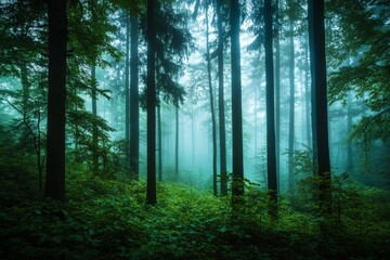 Naklejka premium A misty, enchanting forest with towering trees and vibrant green foliage, evokes a sense of tranquility and wonder, offering a peaceful retreat into nature's depths.