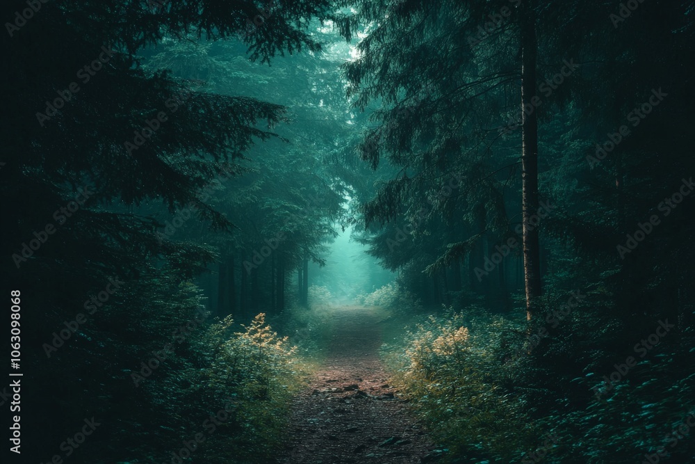 Aufkleber This image captures a mystical forest path surrounded by dense trees, leading to a distant light source, creating a sense of mystery and tranquility.