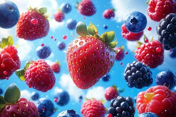 Vibrant berries mid-air, detailed with water droplets.