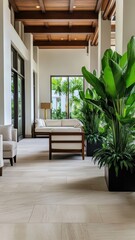 Stunning luxury resort lobby adorned with lush tropical plants, creating a serene and inviting atmosphere.