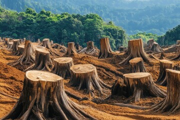 Recently deforested area with many tree stumps remaining, highlighting the impact of logging practices on forested landscapes and the resultant ecological imbalance.