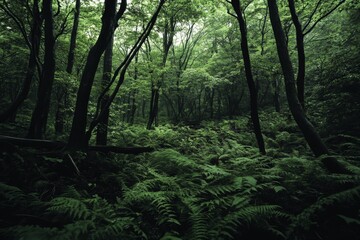 This image captures a lush forest teeming with vibrant greenery and abundant ferns, exuding a sense of peace and the untouched beauty of the wild.
