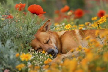 Tranquil scene of a sleeping dog nestled among colorful wildflowers and poppies, providing a serene and peaceful view that soothes the soul and heart.