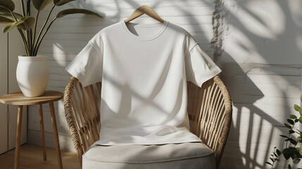 White T-shirt mockup draped over a chair in a modern living room setup, with cozy decor elements around it for a lifestyle vibe.