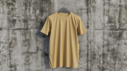 Naklejka premium Beige T-shirt mockup on a simple hanger, photographed against a textured concrete wall for a minimalist aesthetic.