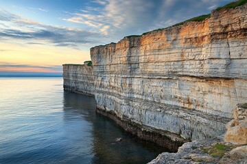 Expansive cliffs in the warm embrace of sunset hues create a stunning landscape along the peaceful...