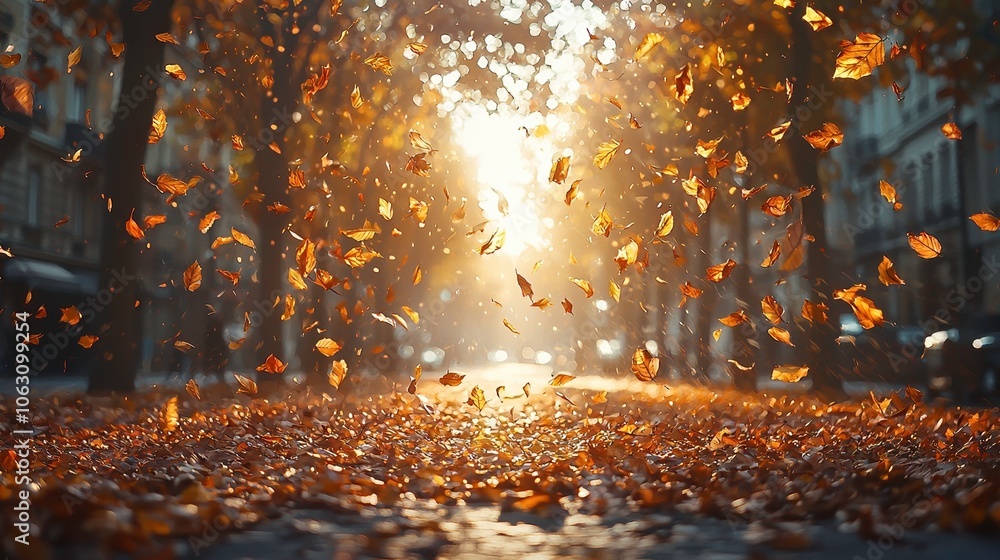 Poster Autumn leaves fall gently from trees creating a warm atmosphere