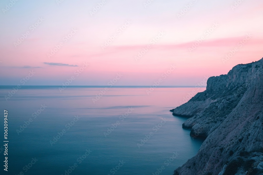Poster the glowing sunset paints the cliffs in vibrant shades of pink and orange, reflecting upon the calm 