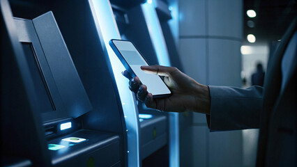 Fototapeta premium person using smartphone at ATM, showcasing modern banking technology and convenience. scene is illuminated with blue light, creating sleek atmosphere