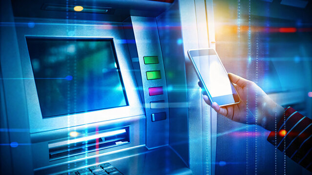 person using smartphone at ATM, showcasing modern banking technology and digital transactions. scene conveys convenience and innovation in finance