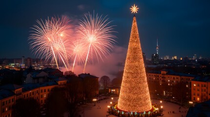 A tall decorated New Year tree over the city with a bright star and fireworks nearby. Bright fireworks in the sky above the city against the backdrop of a tall Christmas tree decorated with garlands.