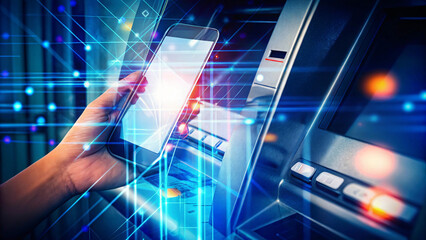 hand holding smartphone near ATM, showcasing digital technology and banking innovation. image conveys sense of modern finance and convenience