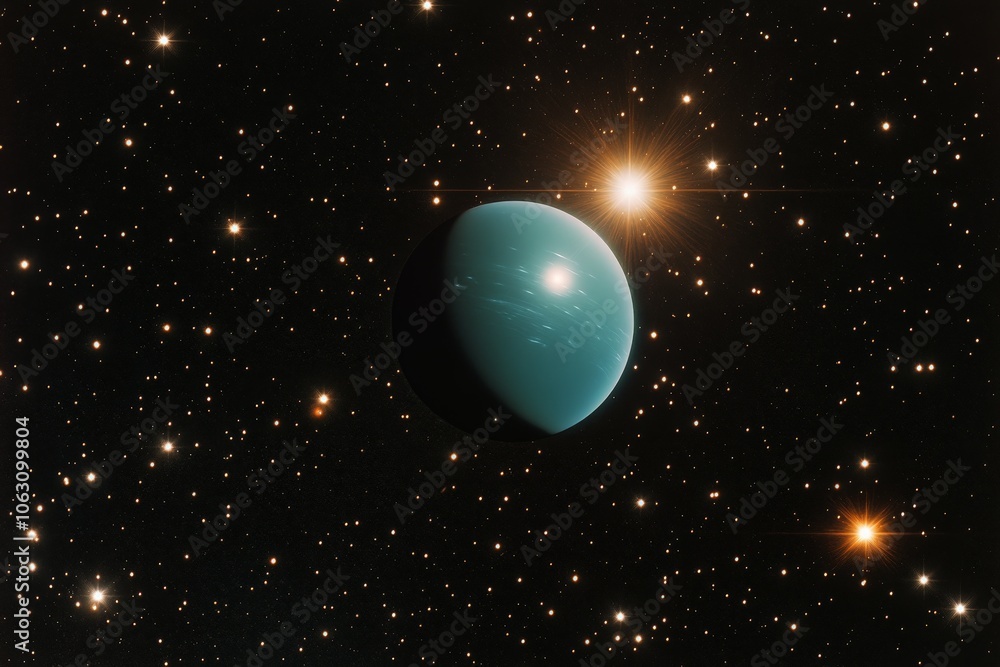 Poster a captivating image of an enigmatic teal-colored planet surrounded by glowing stars, portraying a vi