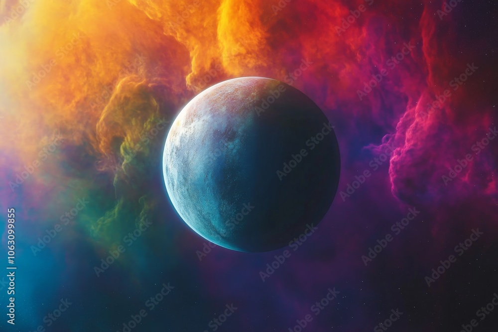 Poster a digital representation of an enchanted planet enveloped in a vibrant, colorful nebula, evoking emo