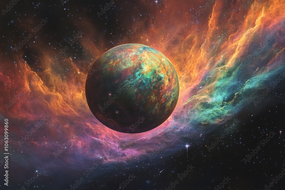 Poster an imaginary planet is depicted amidst a swirling, vibrant nebula. the colors and textures create an