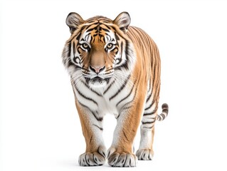 Obraz premium This striking image captures the full body of a tiger standing tall, staring straight ahead. Isolated on a white background, the tiger's majestic and powerful presence dominates the frame.