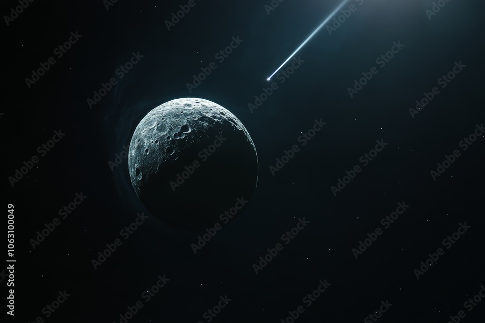 Poster A celestial body is partially shadowed as cosmic light strikes its surface, creating an awe-inspiring scene that symbolizes mystery and the unknown potential of the universe.