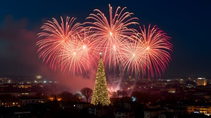 Bright fireworks over the city on New Year's Day. A tall decorated New Year tree over the city with bright fireworks on the sides. New Year 2025 with bright fireworks.