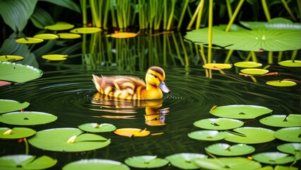 Adorable duckling swimming among lily pads in serene pond
