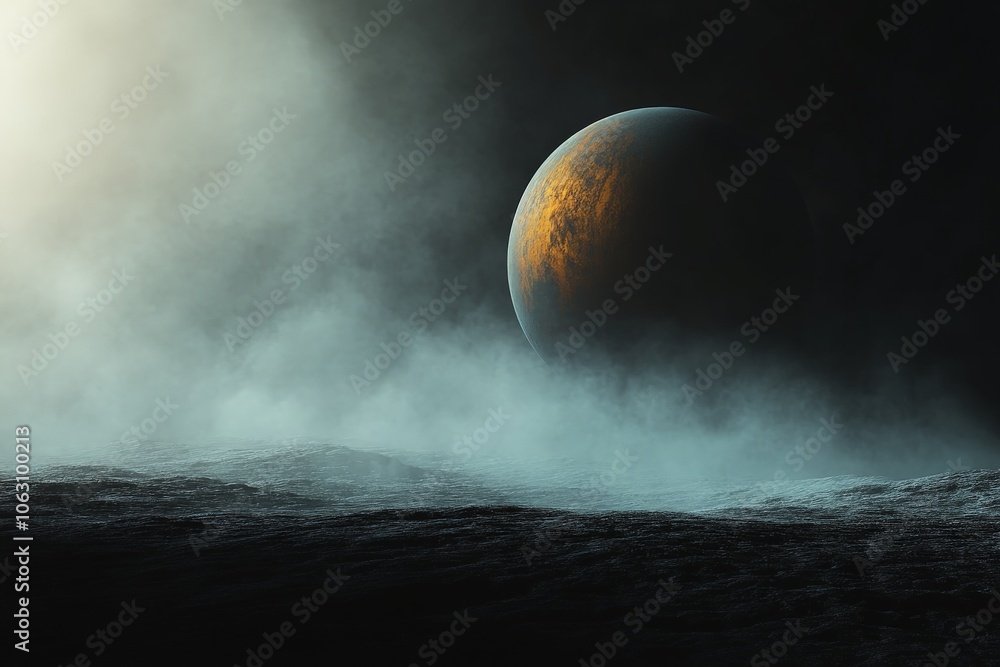 Aufkleber A distant planet with a rusty hue looms over a misty, alien landscape at dawn, creating a mysterious and ethereal cosmic scene filled with wonder and curiosity.