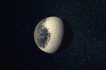 Obraz premium This artwork shows a crater-filled planet illuminated with stark contrasts, floating in a serene, star-studded cosmic realm, inspiring thoughts of outer worlds.