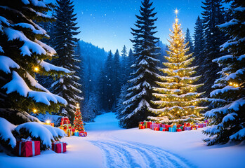 A magical forest scene with fir trees decorated with sparkling lights, presents wrapped in colorful paper lying below and soft snowfall creating a peaceful atmosphere.