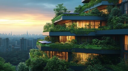 Obraz premium Sustainable Green Building with Rooftop Gardens and Solar Panels in Modern Cityscape