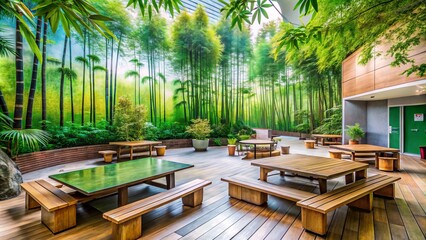 Fototapeta premium Peaceful Courtyard at Bedok Reservoir, Singapore: Serene Bamboo Mural and Wooden Tables Surrounded by Lush Greenery in a School Setting