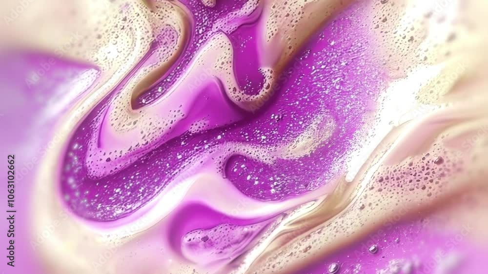 Poster Abstract digital animation of smooth wave-like flows of thick pink-purple liquid with foam and bubbles. Glowing accents and flowing lines add a sense of motion and depth to the dynamic composition