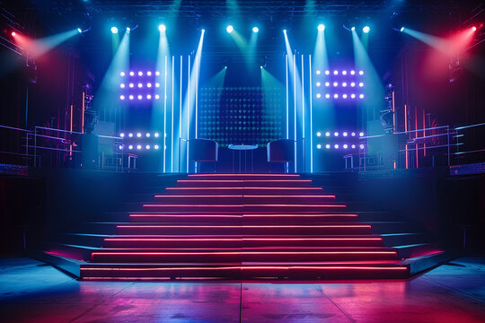 Image of empty TV game show stage with stairs and lights, front view.