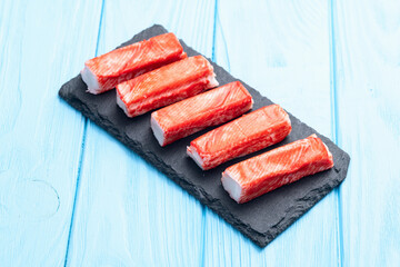 Crab sticks from fish surimi photography . Top view