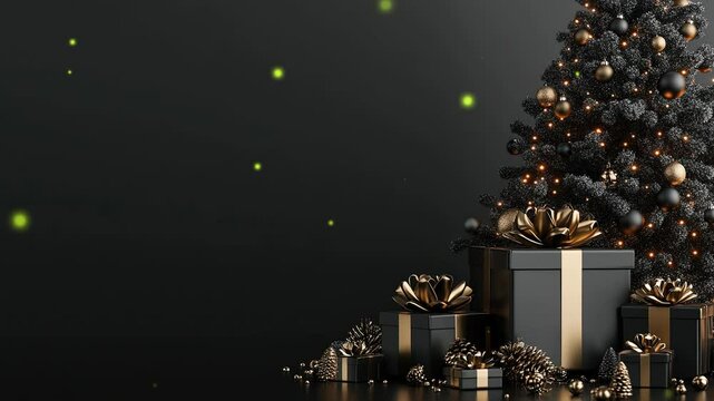 New Year or Christmas concept. Christmas tree decoration and gift boxes. Christmas theme and New Year's background. Christmas ornaments and New Year border decoration. Greeting card. Copy space area 