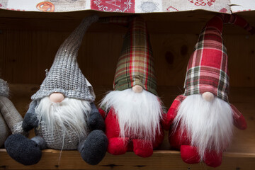 Closeup of christmas gnomes in a decoration store showroom