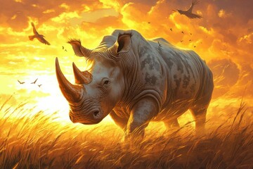 Fototapeta premium Rhinoceros with gleaming grey skin walking through golden savanna, birds circling above, setting sun casting long shadows, tall grass sways in the gentle breeze