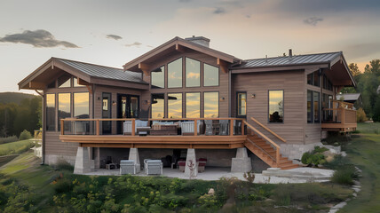 Fototapeta premium Modern wooden house with large windows and a welcoming porch, surrounded by nature and a scenic landscape at sunset. Perfect for cozy living and outdoor enjoyment.