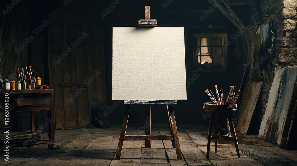 Aufkleber empty canvas in rustic art studio setting