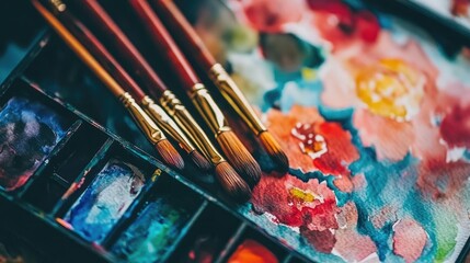 Fototapeta premium Vibrant Watercolor Palette with Brushes and Paints