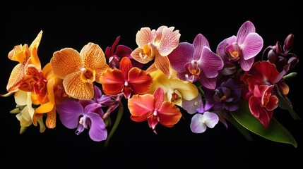 A vibrant collection of orchids blooming in different stages,