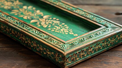 Fototapeta premium Wooden Photo Frame with Hand-Painted Details: Featuring rustic wood and lovely hand-painted patterns, this frame beautifully preserves your cherished memories. 