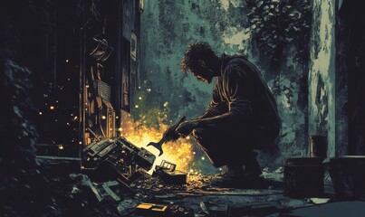 Fototapeta premium Man welds metal in a dark alley.