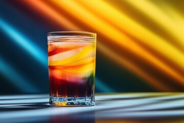 Serving cocktail with colorful layers in glass for background on vertical view curve line