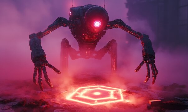 Robotic figure stands over glowing hexagon.