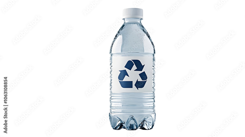 Poster a clear plastic water bottle with a recycle symbol on its label. photorealistic image isolated on a 
