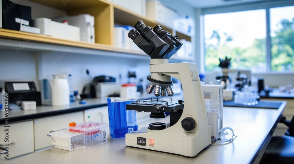 Poster a well-organized lab station with a microscope in use