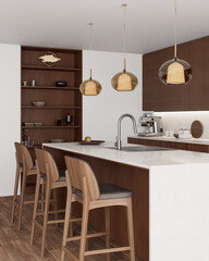 Discover the beauty of modern kitchen design with elegant wooden accents and stylish lighting