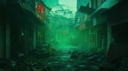 Fototapeta premium an abandoned, crumbling market, with debris strewn about and fading colors, immersed in a shadowy green and red glow, surrounded by a thick fog that amplifies the eeriness.