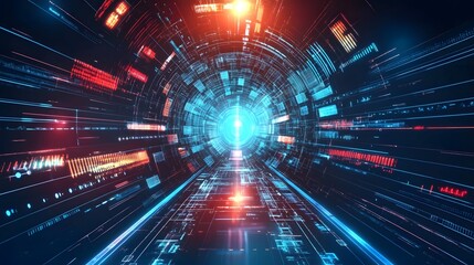 Abstract Digital Tunnel with Glowing Lines and Data