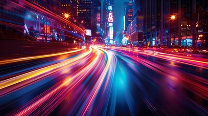Futuristic City Highway at Sunset with Light Trails